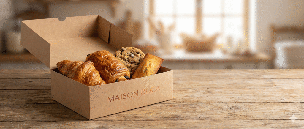 Boîte kraft ouverte Maison Roca contenant des pâtisseries sans gluten gourmandes (croissant, pain au chocolat, cookie, financier) sur une table en bois. Boîte kraft ouverte Maison Roca contenant des pâtisseries sans gluten gourmandes (croissant, pain au chocolat, cookie, financier) sur une table en bois.